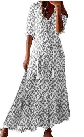 Long Sleeve Loose Bohemian Printed V-neck Maxi Dress BEUPFORLIFE.com