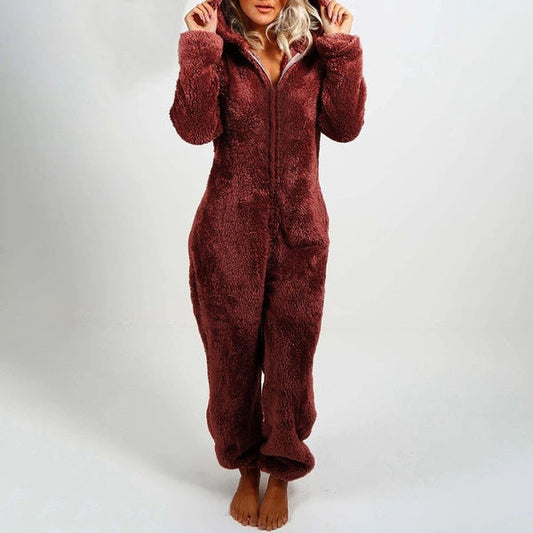 Fleece-lined Thick Furry Jumpsuit Hooded Cat Ear Pajamas BEUPFORLIFE.com