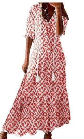 Long Sleeve Loose Bohemian Printed V-neck Maxi Dress BEUPFORLIFE.com