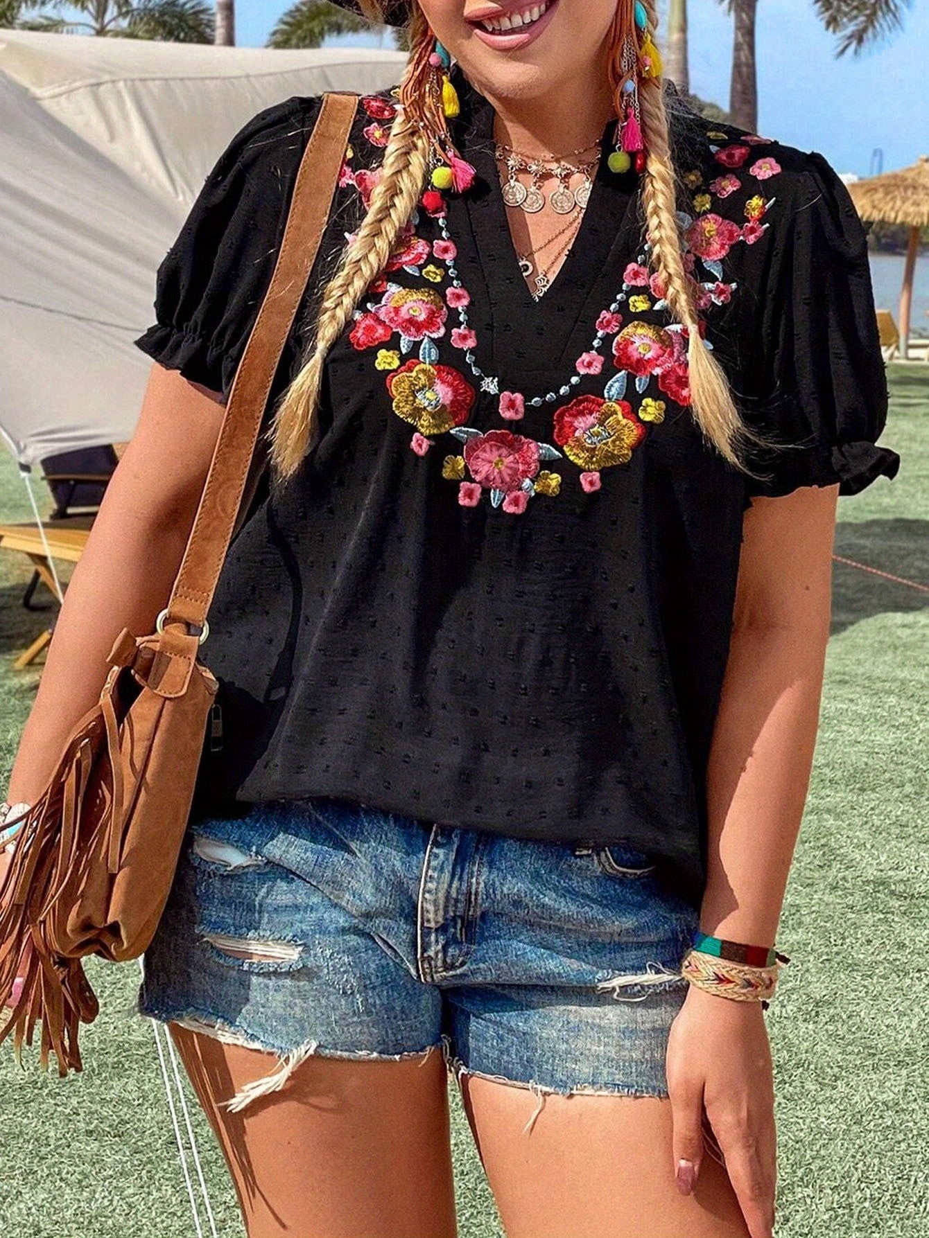 Floral Embroidery Summer Casual Short Sleeve V-Neck BEUPFORLIFE.com