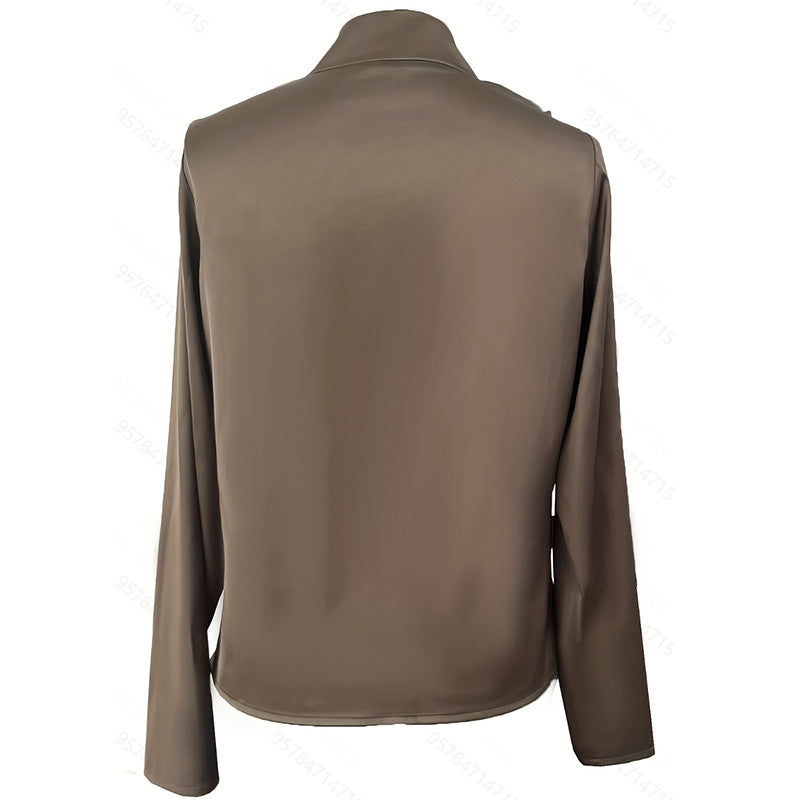 Elegant Solid Color V-Neck Long Sleeve Blouse With Pleated Detail BEUPFORLIFE.com