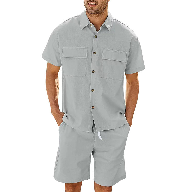Men Short Sleeve Lapel Pocket Shirt w/Drawstring Shorts - BEUPFORLIFE.com