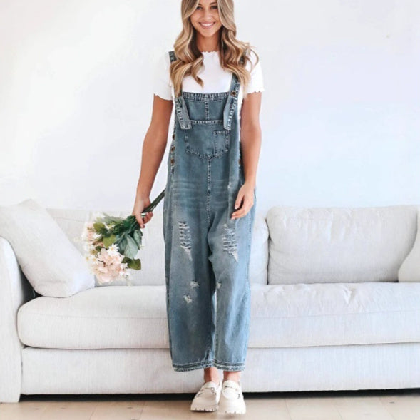 Retro Ripped Loose Wide Leg Denim Overalls BEUPFORLIFE.com