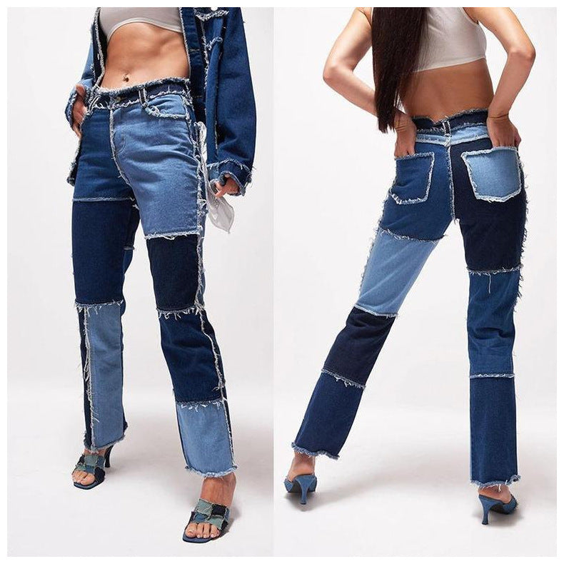 High Elastic Stitching Raw Edge Women's Straight-leg Jeans BEUPFORLIFE.com