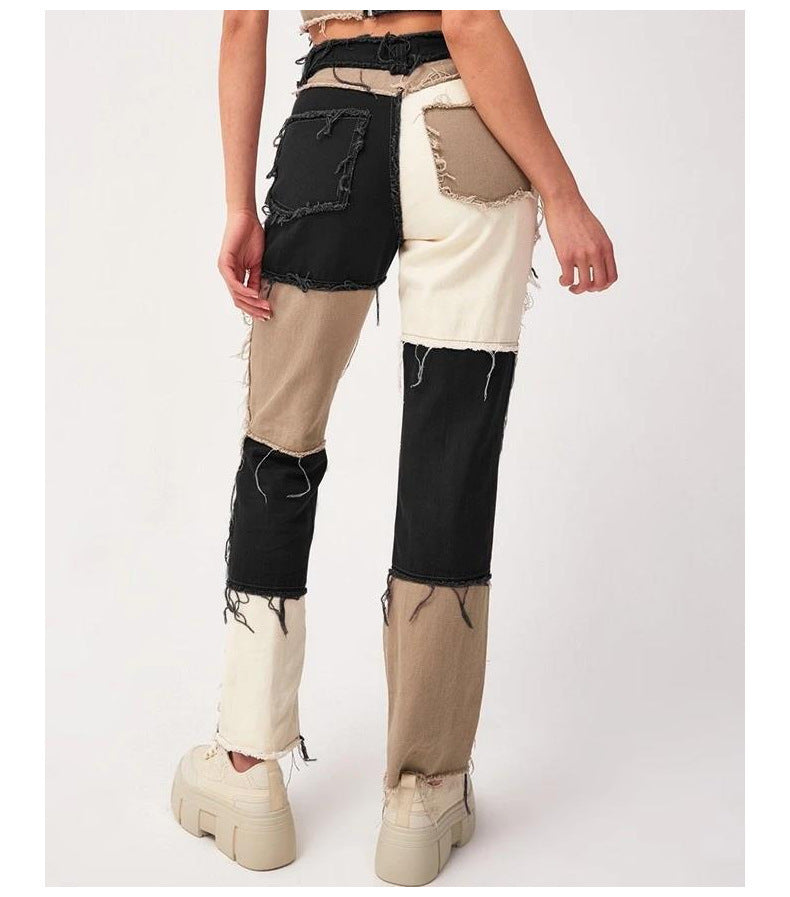 High Elastic Stitching Raw Edge Women's Straight-leg Jeans BEUPFORLIFE.com