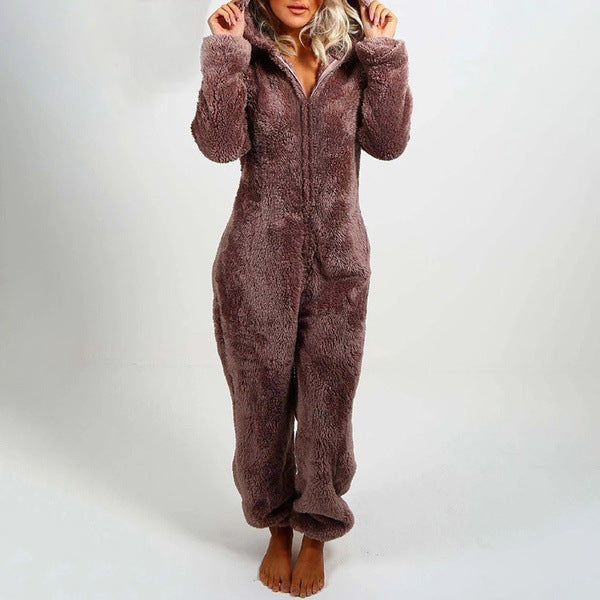 Fleece-lined Thick Furry Jumpsuit Hooded Cat Ear Pajamas BEUPFORLIFE.com