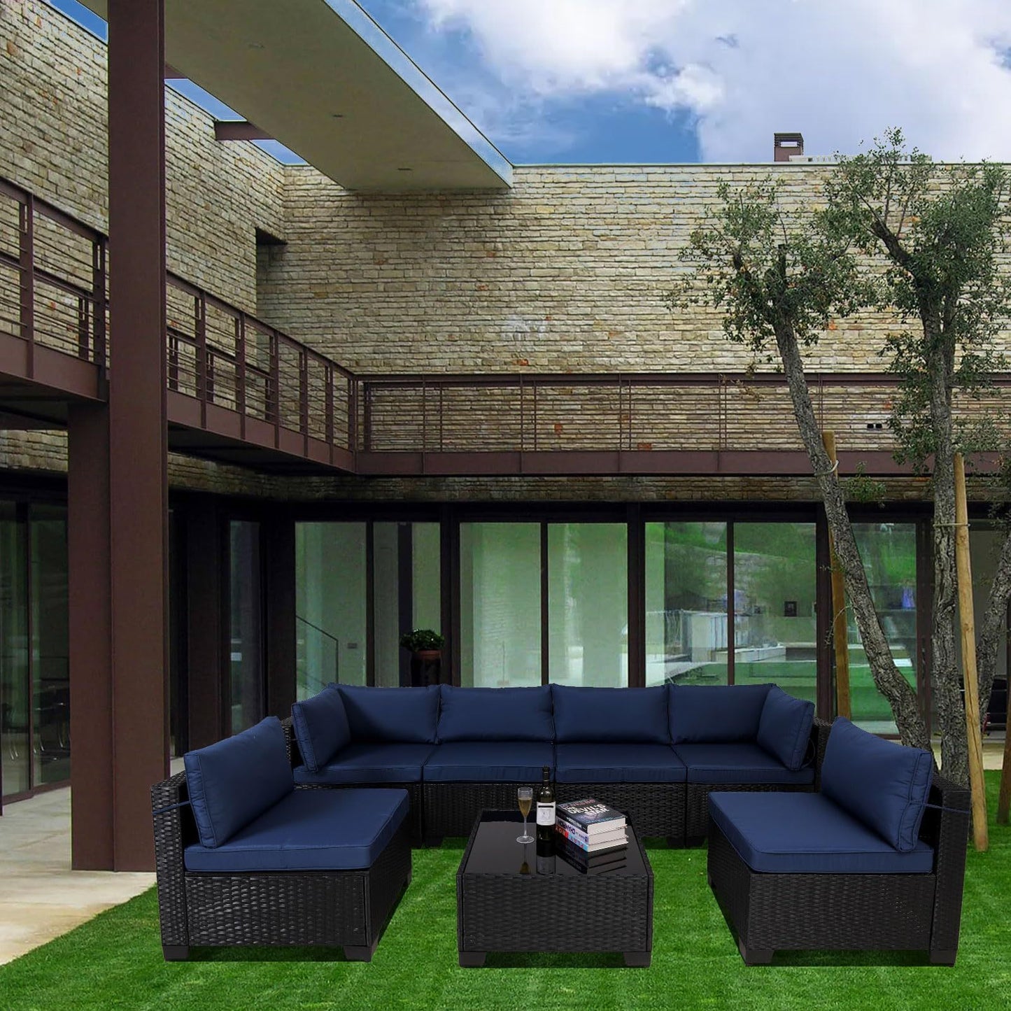 7 Piece Outdoor Rattan Patio, Black Wicker Sectional Set BEUPFORLIFE.com