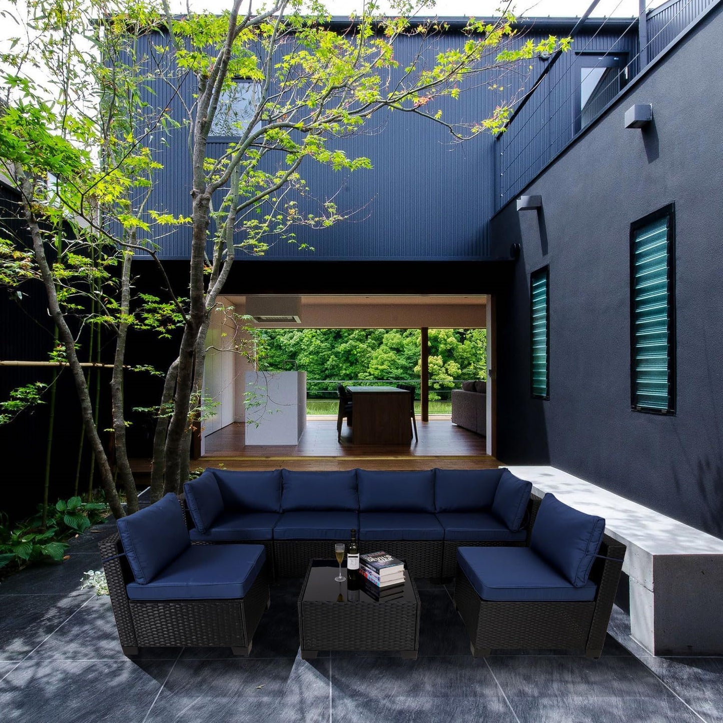 7 Piece Outdoor Rattan Patio, Black Wicker Sectional Set BEUPFORLIFE.com