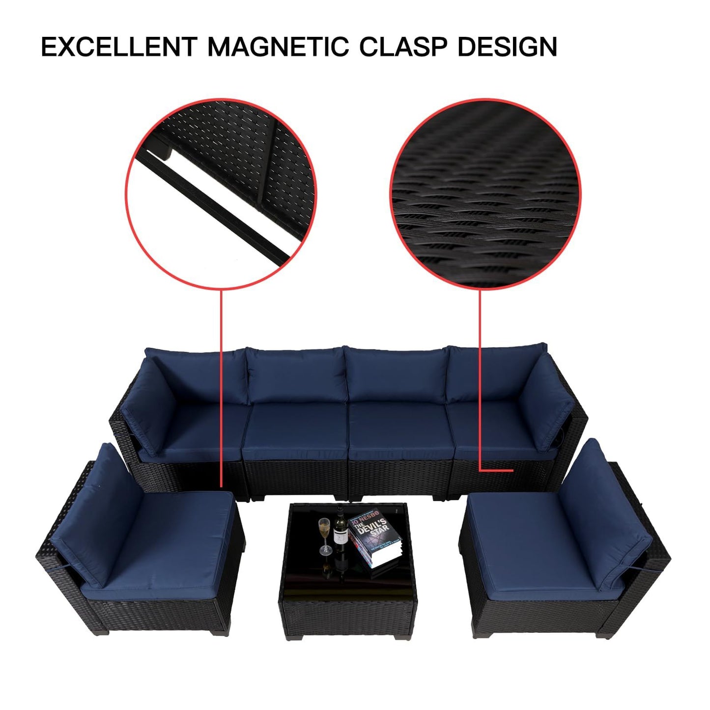 7 Piece Outdoor Rattan Patio, Black Wicker Sectional Set BEUPFORLIFE.com