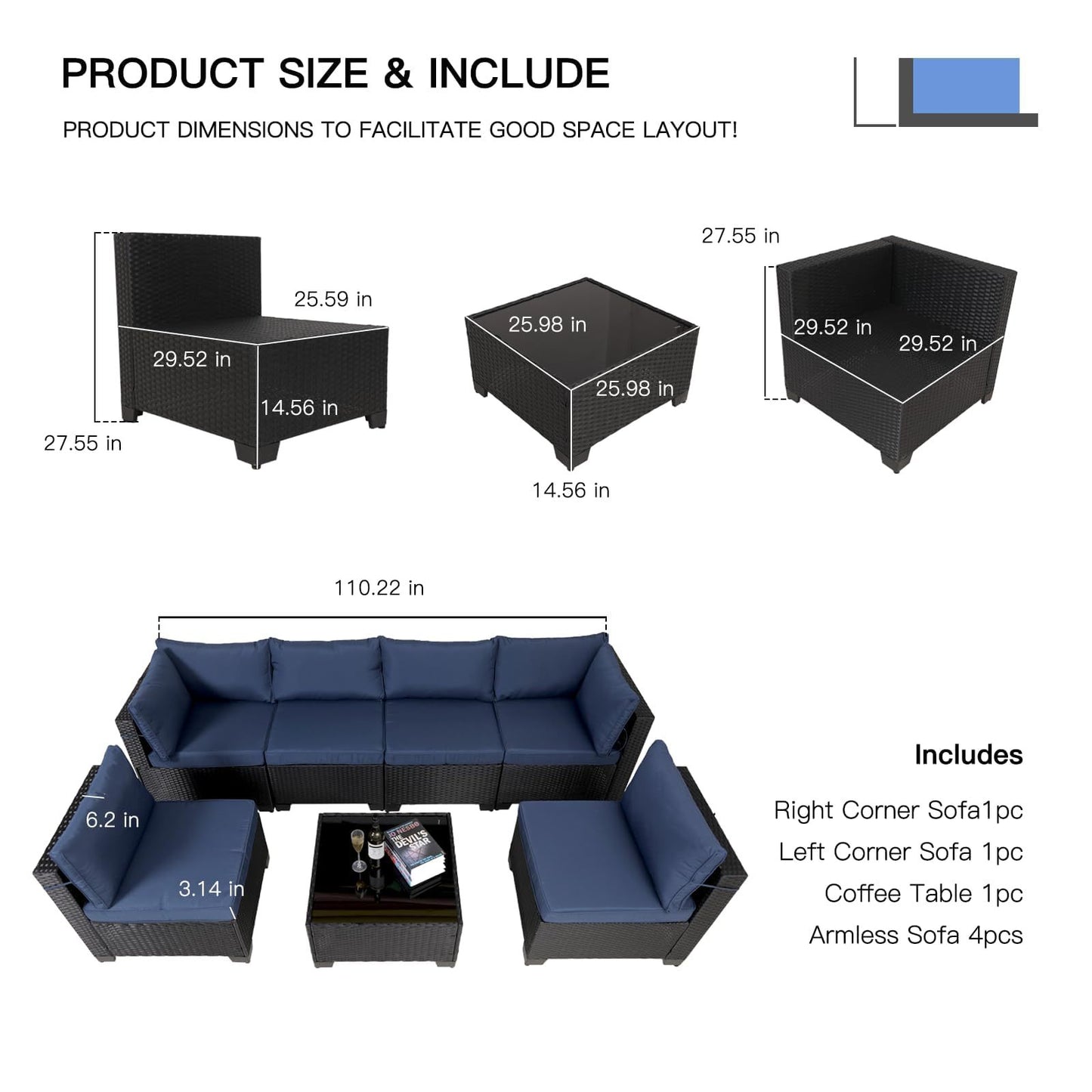 7 Piece Outdoor Rattan Patio, Black Wicker Sectional Set BEUPFORLIFE.com