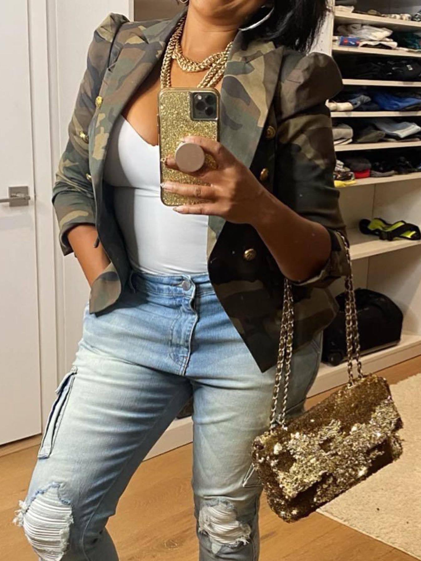 Chic Double-Breasted, Camo Print Jacket Be Up For Life