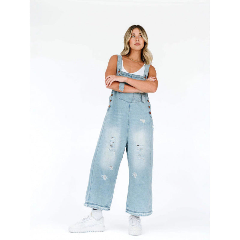 Retro Ripped Loose Wide Leg Denim Overalls BEUPFORLIFE.com