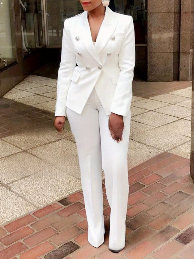 High-waisted Solid Color Small Suit w/ Long-sleeved Pants Be Up For Life