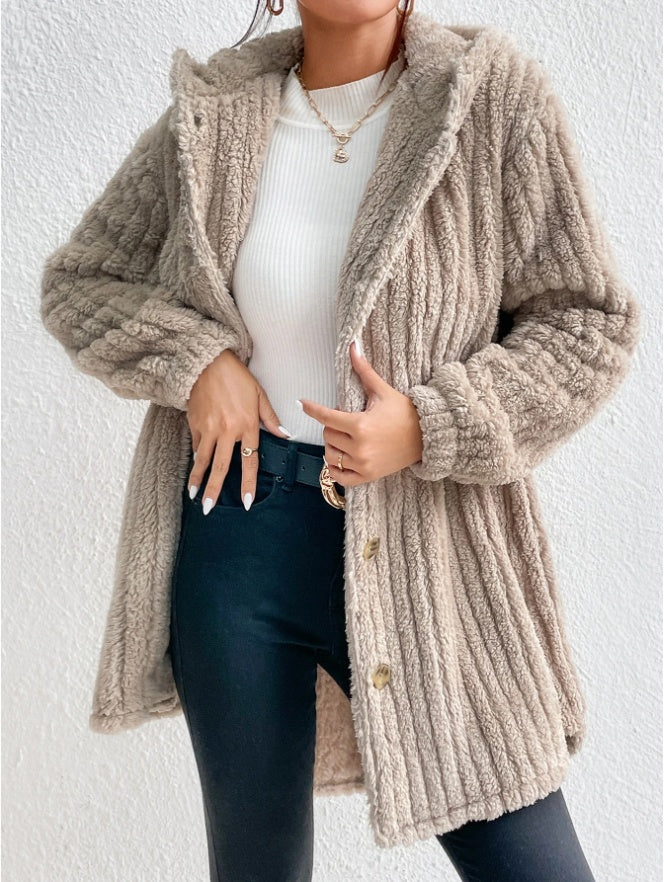 Button Front Hooded Teddy Coat BEUPFORLIFE.com