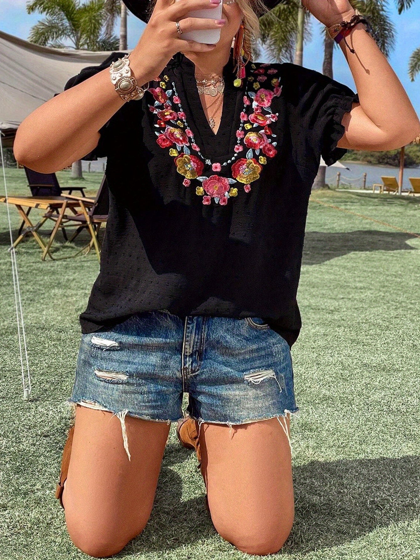Floral Embroidery Summer Casual Short Sleeve V-Neck BEUPFORLIFE.com