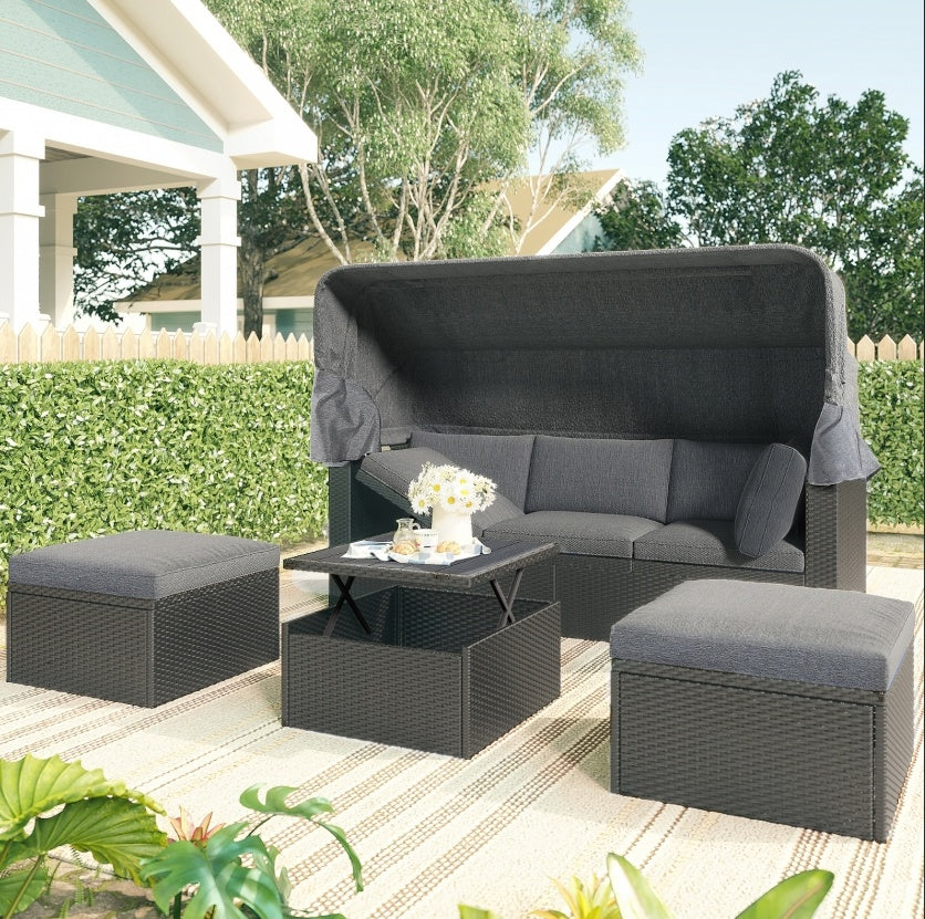 U Style Patio Rectangle Daybed With Canopy, Wicker Sectional Seating Be Up For Life