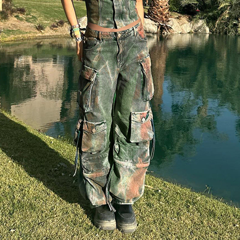 Retro Color Blooming Multi-pocket Loose Cargo Denim Trousers BEUPFORLIFE.com