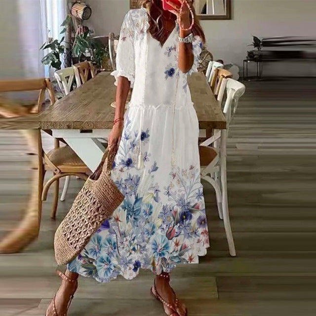 Long Sleeve Loose Bohemian Printed V-neck Maxi Dress BEUPFORLIFE.com
