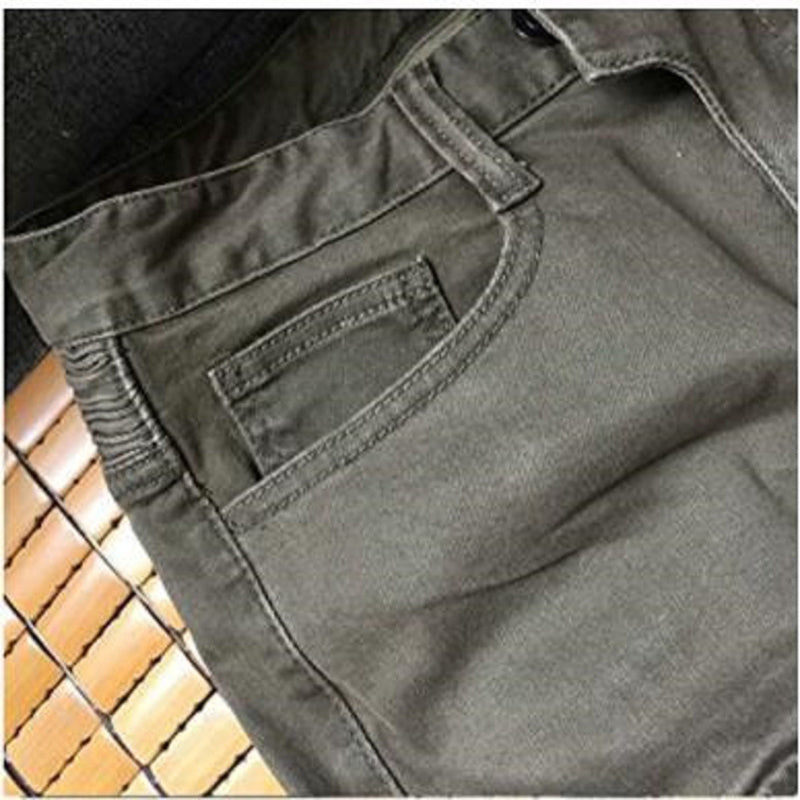 Army green denim jeans with locomotive pad BEUPFORLIFE.com