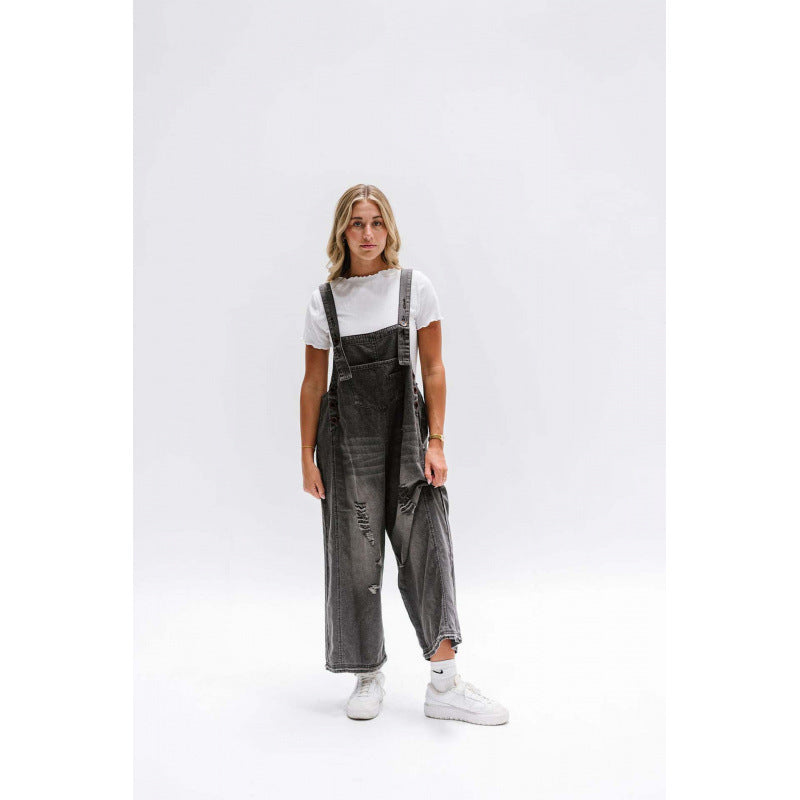 Retro Ripped Loose Wide Leg Denim Overalls