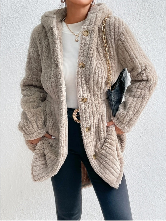 Button Front Hooded Teddy Coat BEUPFORLIFE.com
