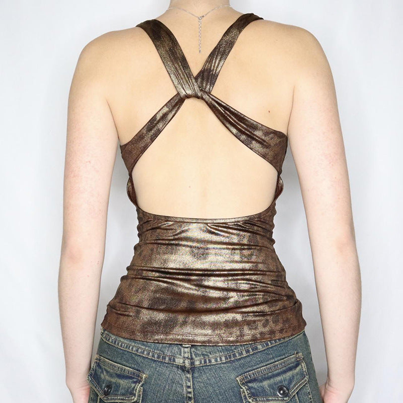 Glossy Leopard Backless Spaghetti-strap Camisole Top BEUPFORLIFE.com
