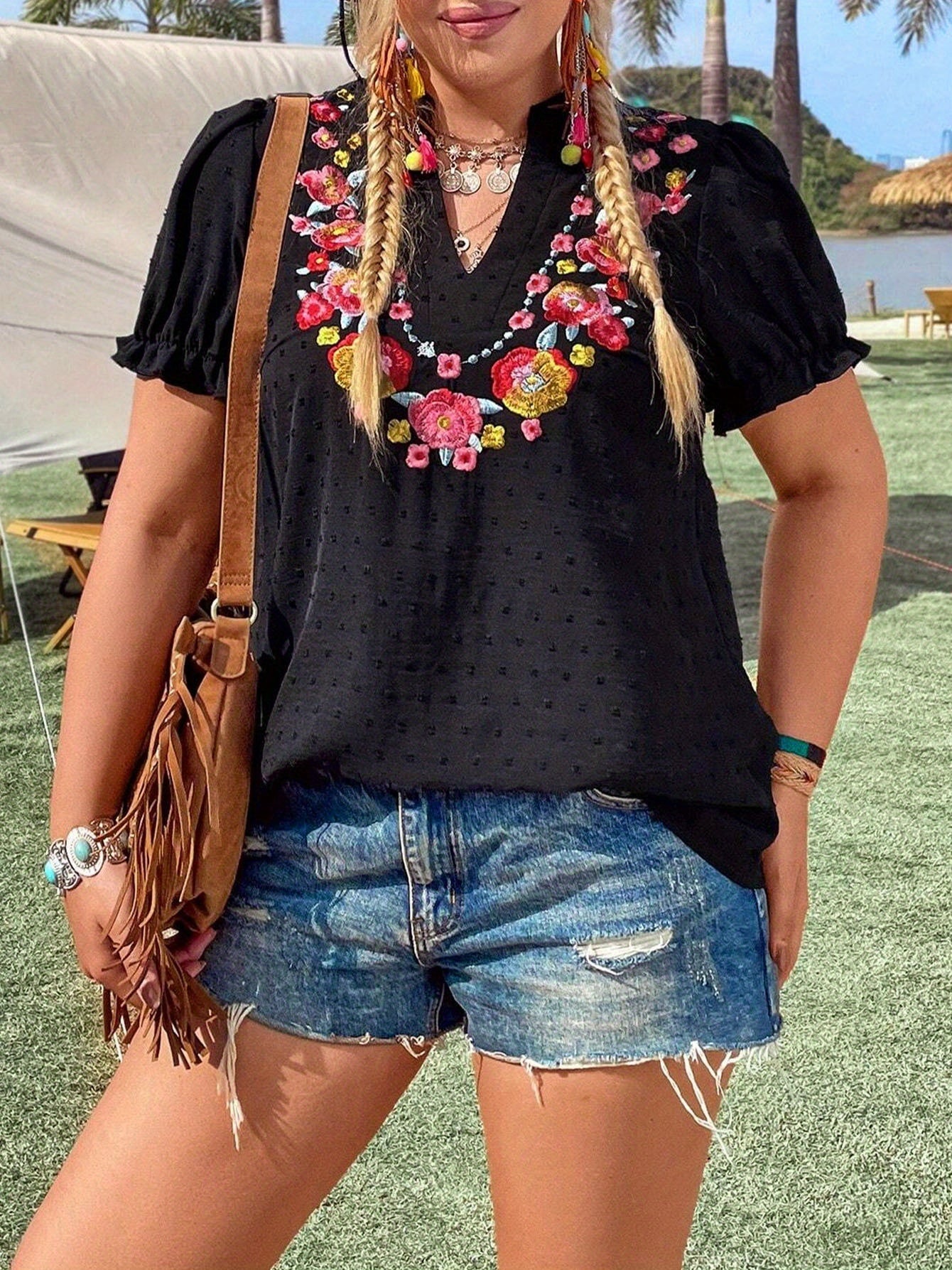 Floral Embroidery Summer Casual Short Sleeve V-Neck BEUPFORLIFE.com