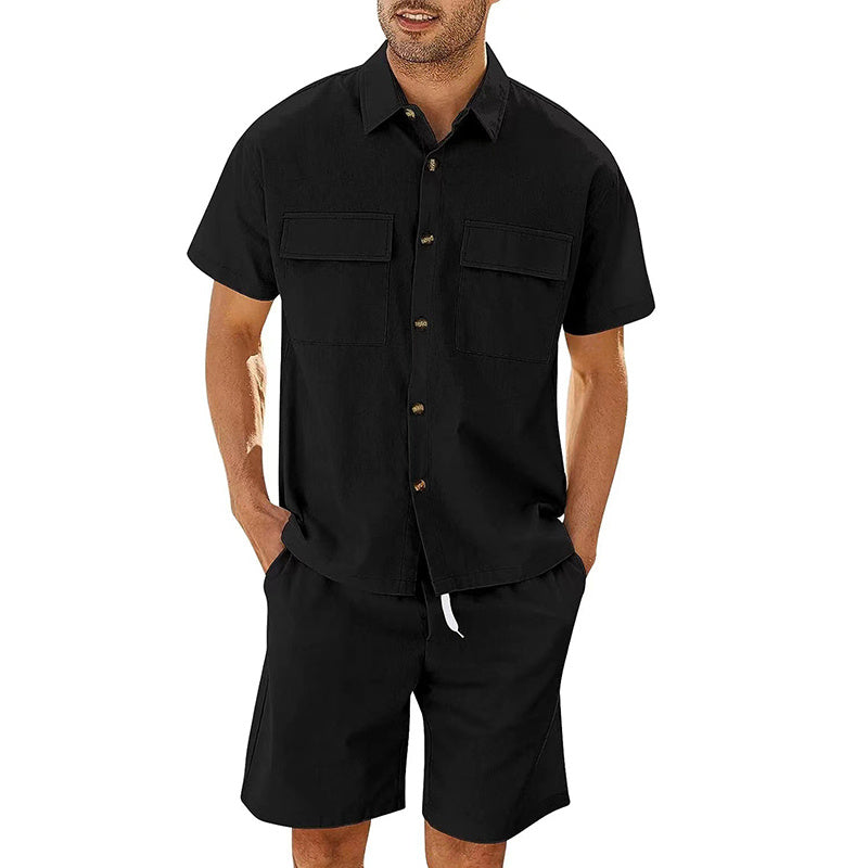 Men Short Sleeve Lapel Pocket Shirt w/Drawstring Shorts - BEUPFORLIFE.com