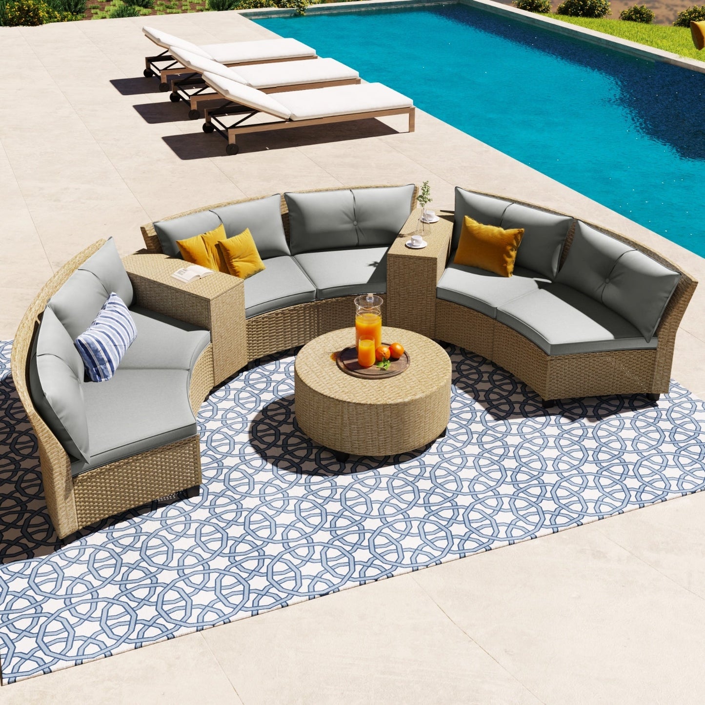 U Style 6-Person Fan-Shaped Rattan Set With Cushions Table Be Up For Life