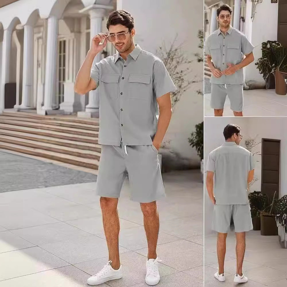 Men Short Sleeve Lapel Pocket Shirt w/Drawstring Shorts - BEUPFORLIFE.com