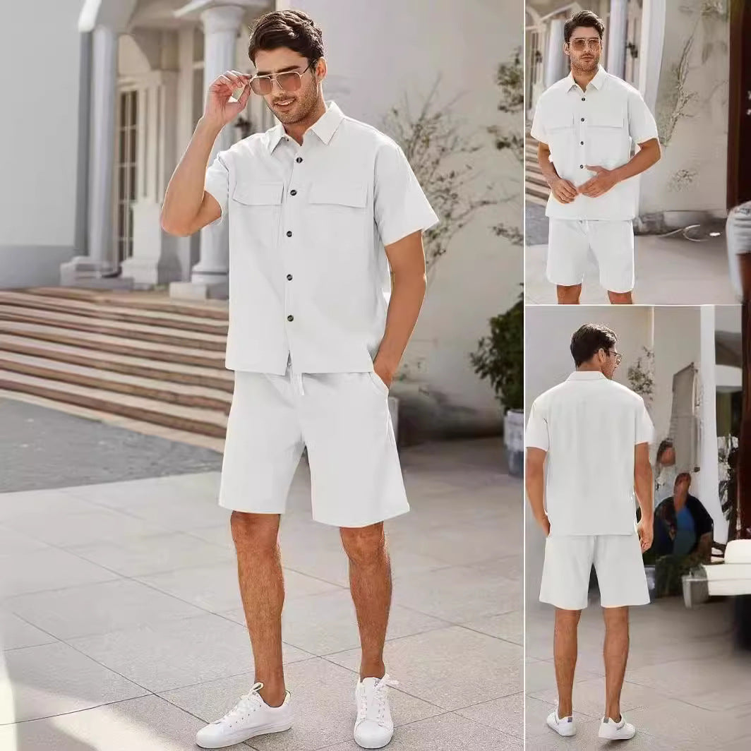 Men Short Sleeve Lapel Pocket Shirt w/Drawstring Shorts - BEUPFORLIFE.com