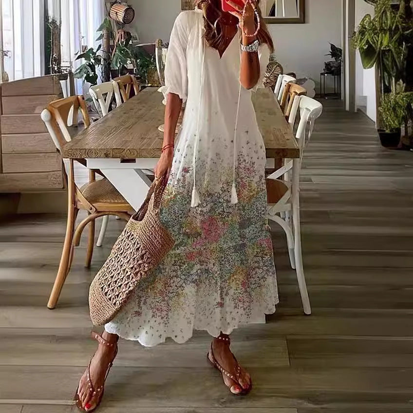Long Sleeve Loose Bohemian Printed V-neck Maxi Dress BEUPFORLIFE.com