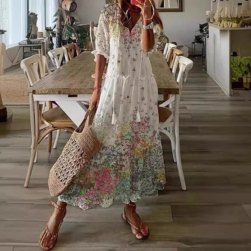 Long Sleeve Loose Bohemian Printed V-neck Maxi Dress BEUPFORLIFE.com