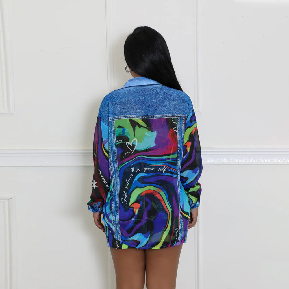 Denim Print Lapel Long Sleeve Shirt Slim-fit Hip-wrapped Short Dress Suit BEUPFORLIFE.com