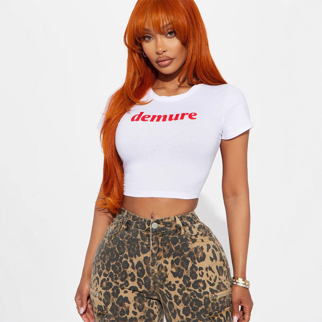 Round Neck Midriff-baring Cropped T-shirt Short Sleeve BEUPFORLIFE.com