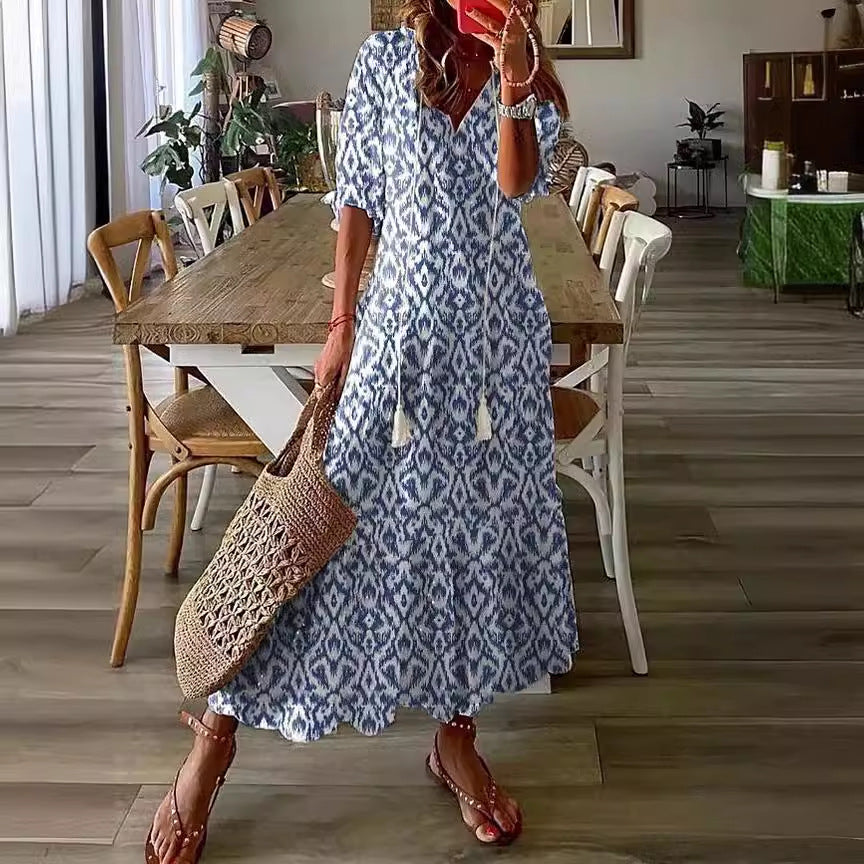 Long Sleeve Loose Bohemian Printed V-neck Maxi Dress BEUPFORLIFE.com