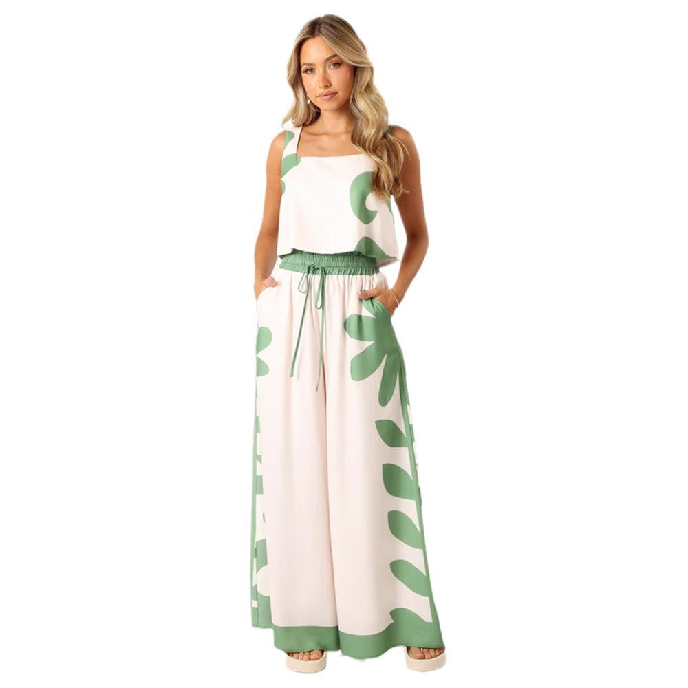 Printed Elastic Waist Wide Leg Two-piece Set