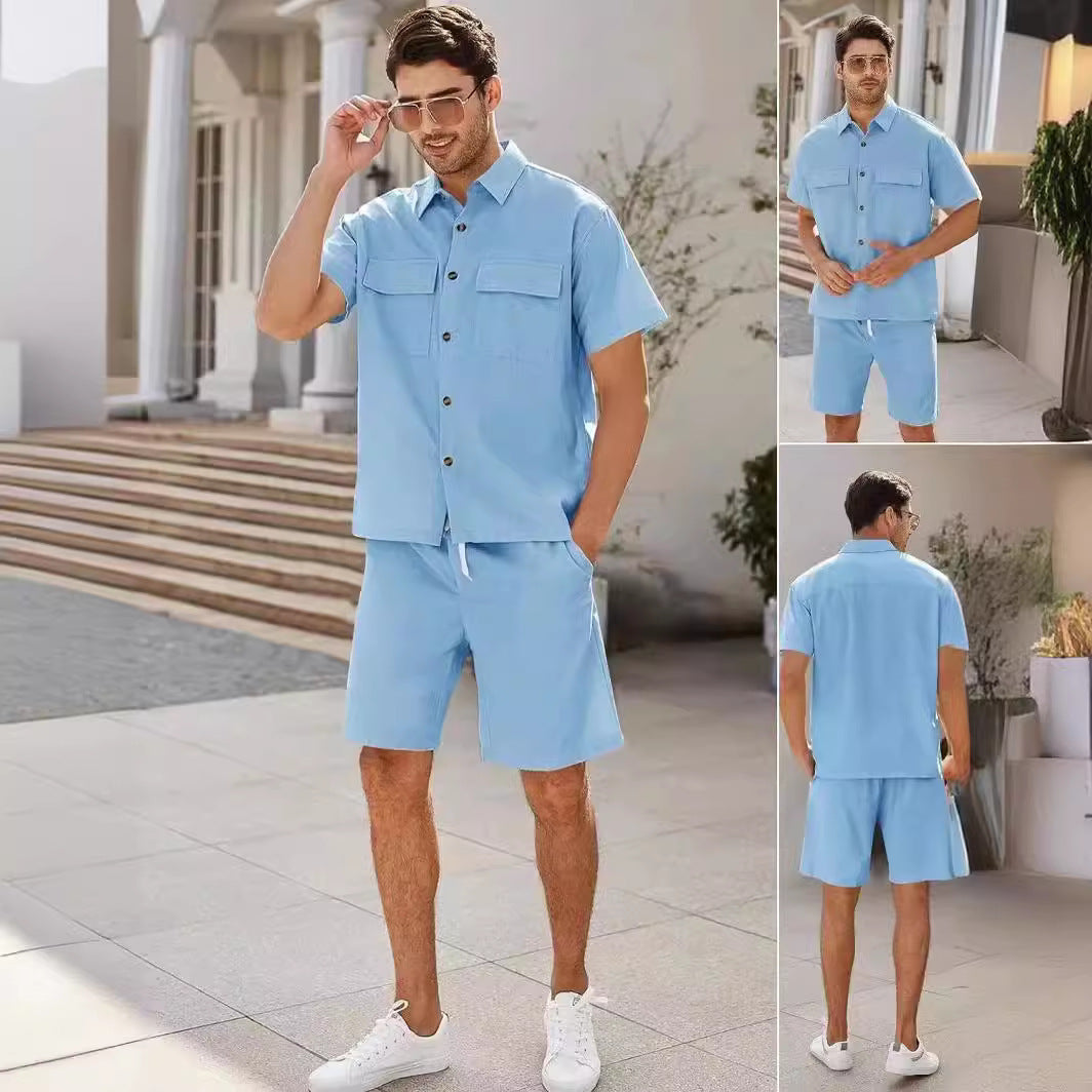 Men Short Sleeve Lapel Pocket Shirt w/Drawstring Shorts - BEUPFORLIFE.com
