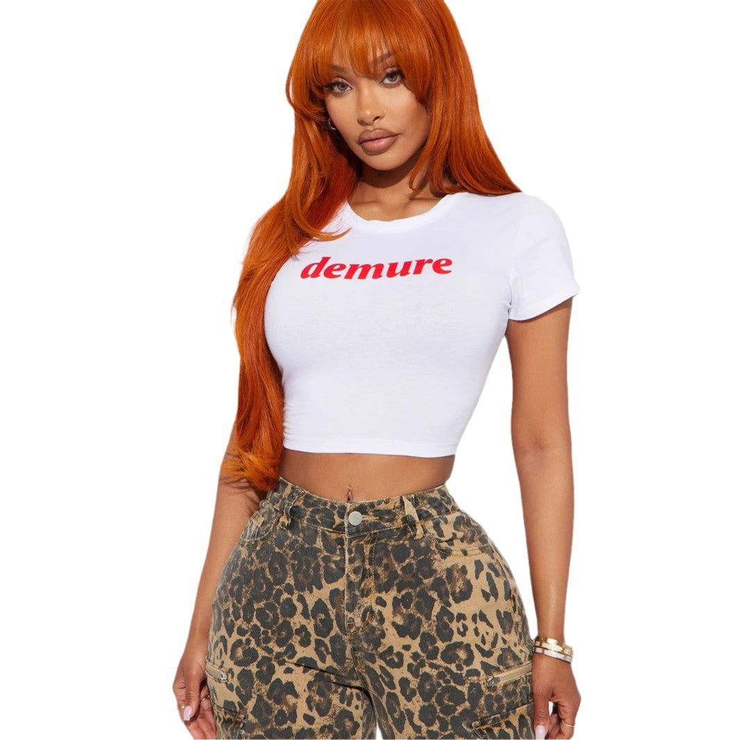 Round Neck Midriff-baring Cropped T-shirt Short Sleeve BEUPFORLIFE.com