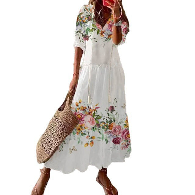 Long Sleeve Loose Bohemian Printed V-neck Maxi Dress BEUPFORLIFE.com