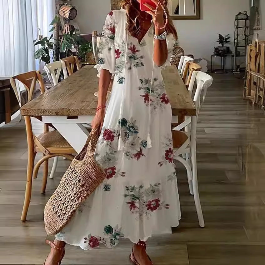 Long Sleeve Loose Bohemian Printed V-neck Maxi Dress BEUPFORLIFE.com