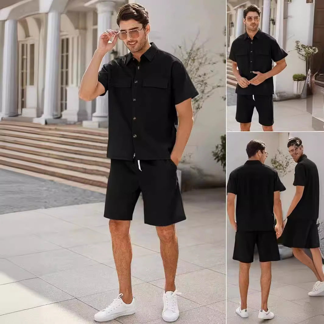 Men Short Sleeve Lapel Pocket Shirt w/Drawstring Shorts - BEUPFORLIFE.com