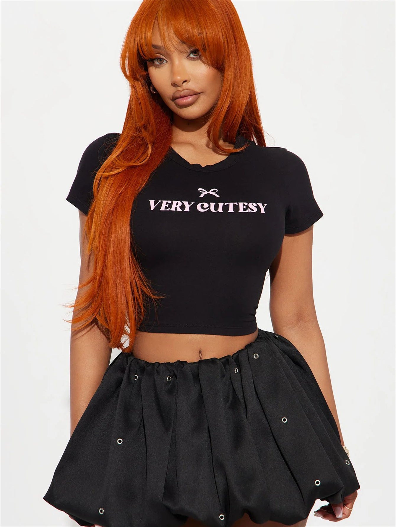Round Neck Midriff-baring Cropped T-shirt Short Sleeve BEUPFORLIFE.com