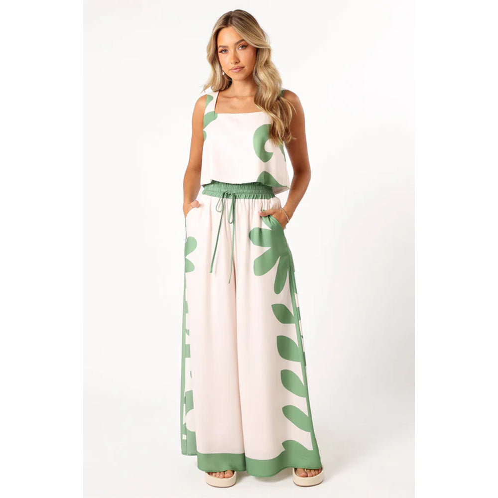Printed Elastic Waist Wide Leg Two-piece Set