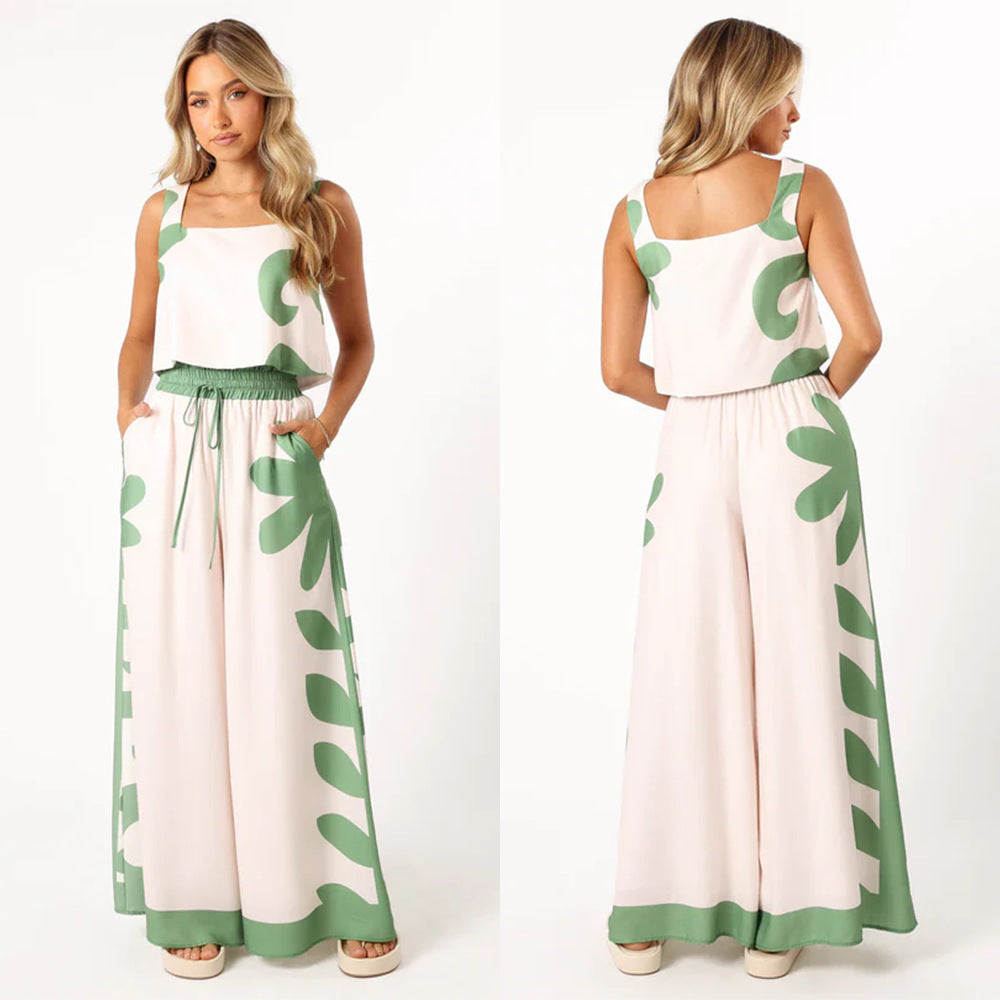 Printed Elastic Waist Wide Leg Two-piece Set