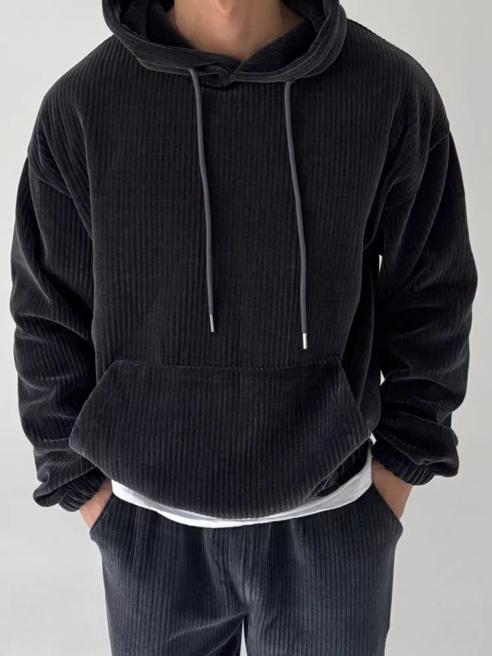Men's Leisure Corduroy Solid Color Hooded Big Pocket Sweatshirt BEUPFORLIFE.com