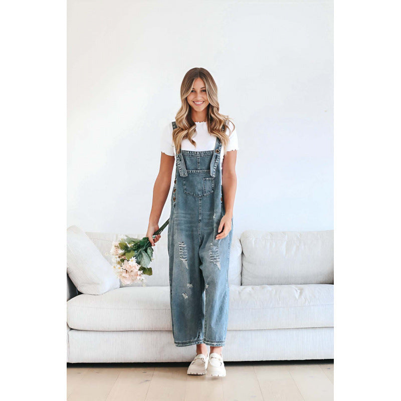 Retro Ripped Loose Wide Leg Denim Overalls