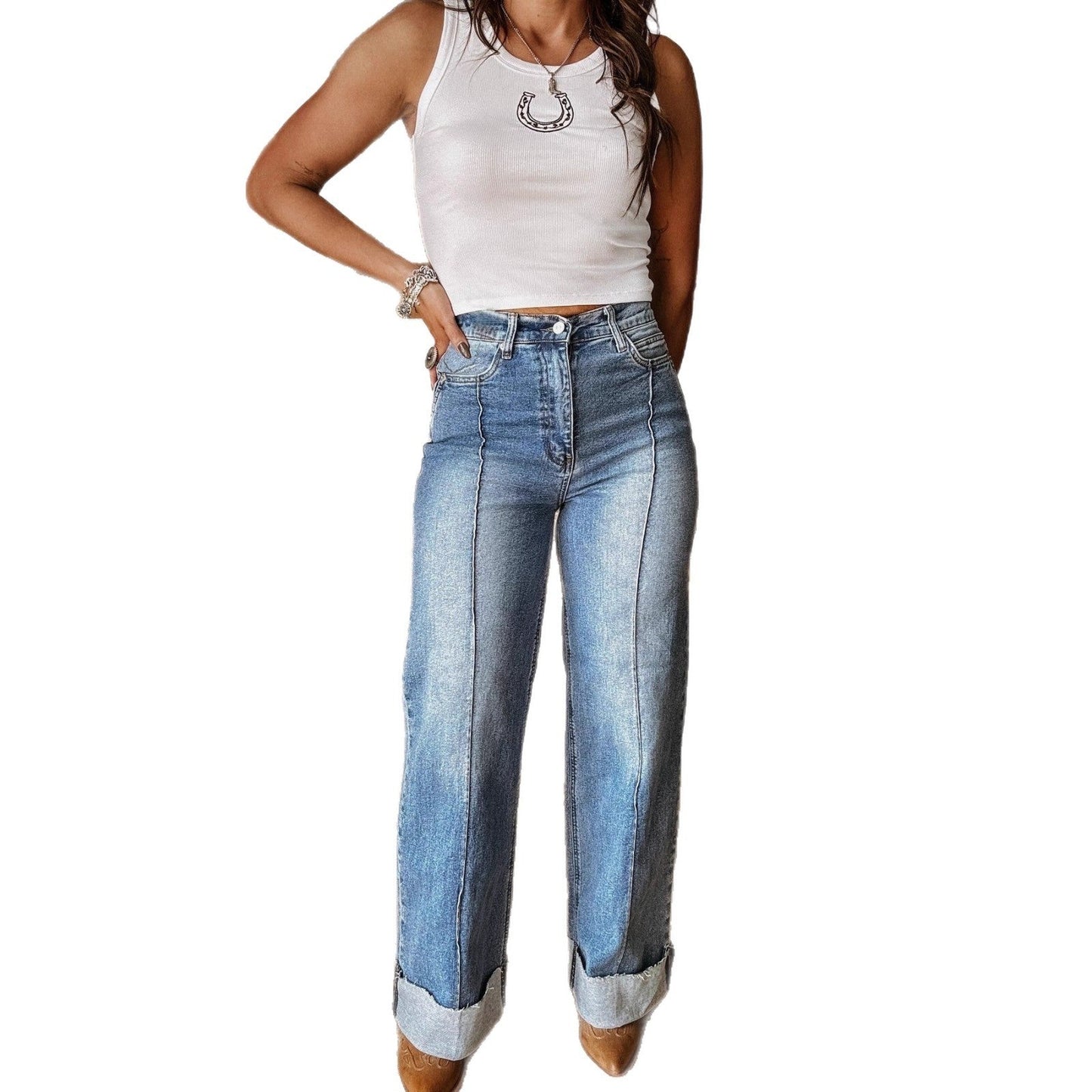 Washed-out Elastic Mid-waist Straight Jeans BEUPFORLIFE.com