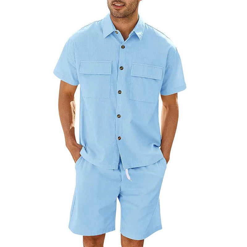 Men Short Sleeve Lapel Pocket Shirt w/Drawstring Shorts - BEUPFORLIFE.com