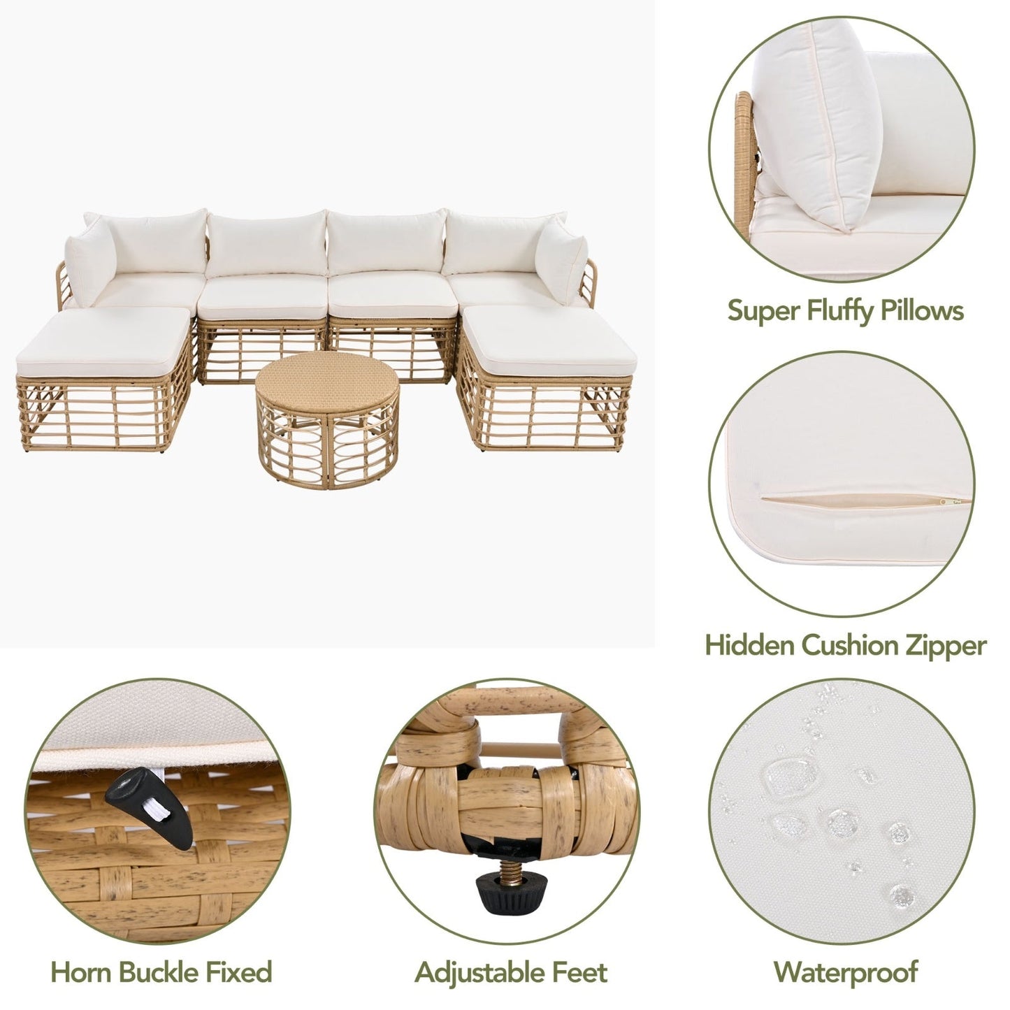 7 Piece Outdoor Patio Furniture, All-Weather Rattan Sectional Sofa Set BEUPFORLIFE.com
